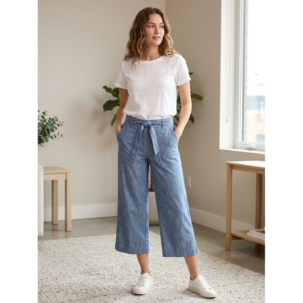 J. Crew Chambray Wide Leg Cropped Pants Blue Tie Waist Patch Pocket Size 0